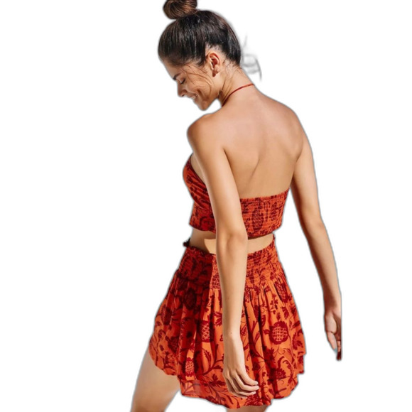 By Anthropologie Beaded Skirt Set Orange Rust Tropical Print NWT - Picture 3 of 15